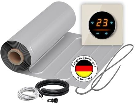 Chauffage au sol électrique : tapis chauffant à deux fils avec feuille d'aluminium WARMON ALU 150 W/m² avec thermostat WiFi OKE-25 tactile et cadre de recouvrement en verre, thermostat : OKE25 Garda