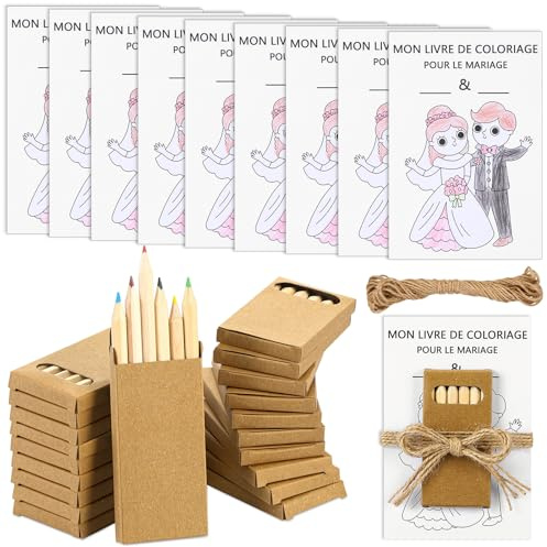 Nezyo Lot de 20 Cartes de Coloriage de Mariage, Crayons | Cartes d'Activités de Mariage, avec Crayons de Couleur, Activités et Jeux de Mariage, Cadeaux pour Invités