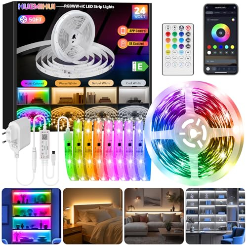 15M RGBWW+IC LED Streifen mit Fernbedienung & APP,Dreamcolor+3000K-6500K | Dimmbarer Warmweiß Naturweiß Kaltweiß LED Strip,Selbstklebende Schneidbare Flexibel 24V LED Lichtband für Zuhause Küche