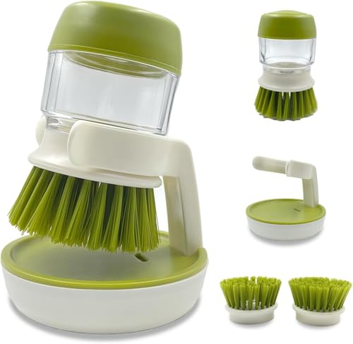 Palm Scrub Refillable Soap Dispenser Dish Brush with Stand – Non-Scratch Washing-Up Brush & Versatile Kitchen Cleaning Tool, for Non-Stick Cookware (1, Green)