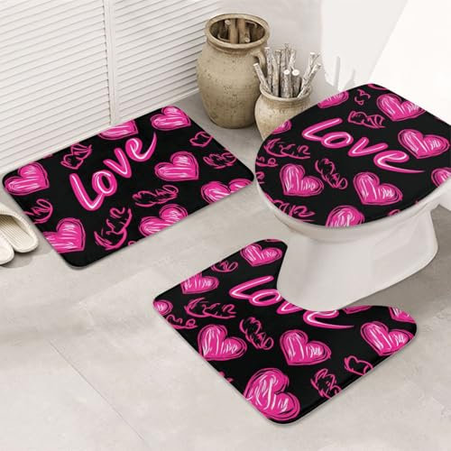 Badgarnitur 3 Teilig Liebestag, rosa Herzen, Liebe, Writen U-Form Toilettenmatte WC Vorleger rutschfest,Saugfähige für Boden Dusche