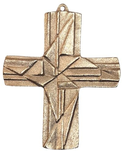 Herzmensch Modernes goldenes Kreuz zum Aufhängen massive Bronze 8 x 9,5 cm Wandkreuz zur Hochzeit, Haussegnung, Krankensalbung oder als Geschenk zu Weihnachten