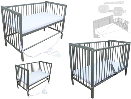 Micoland Kinderbett - Beistellbett - Babybett 120x60 cm umbaubares Bett mit Gurt, Rädern und Matratze (Grau mit Matratze)