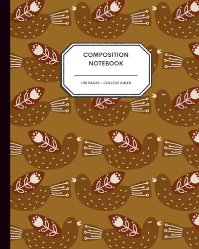 Scandinavian Bird Folk Art Notebook – 8x10” – 100 College Ruled Pages – Traditional Nordic Pattern in Browns & Rust for Writing, Journaling & School