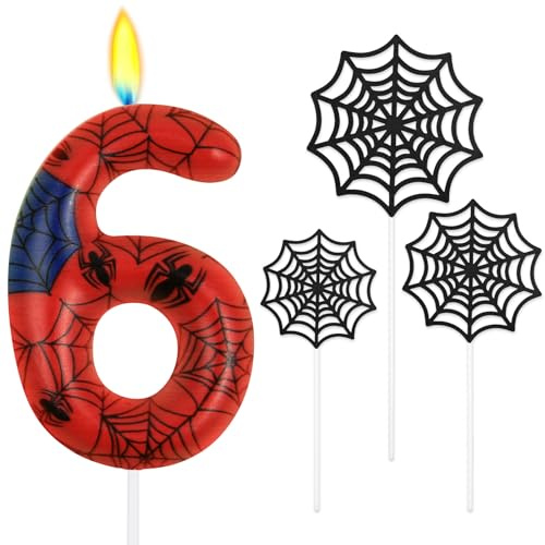 Alaoo spindelnät siffror 6, födelsedagsljus siffror 6 | Blått rött ljus med spindelnät, spindeltema födelsedagsljus för pojkar spindlar motto halloween party karneval