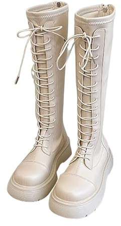 Scarpe da donna in pelle con plateau, stivali neri gotici punk, con lacci, gambale lungo, punta tonda, scarpe alte al ginocchio, stivali da combattimento antiscivolo invernali sopra il ginocchio