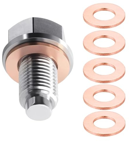 Magnetic Oil Drain Plug, with Copper Crush Washer, Stainless Steel Magnetic Sump Drain Bolt for Engine Protection, Universal Replacement Oil Plug for Cars Motorcycles Boats (M14 x 1.5 Thread Size)