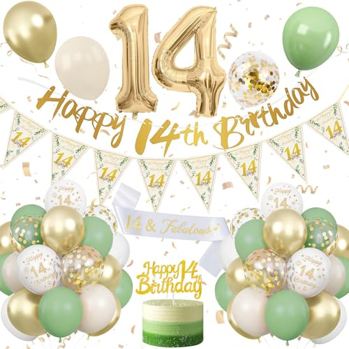 14. Geburtstag Deko Mädchen,Salbeigrüne 14. Geburtstagsdeko,Deko 14 Geburtstags Jungen Mädchen,Luftballons 14 Jahre Geburtstag Ballon Grün Weiß Gold mit Banner Happy Birthday für 14.Dekoration