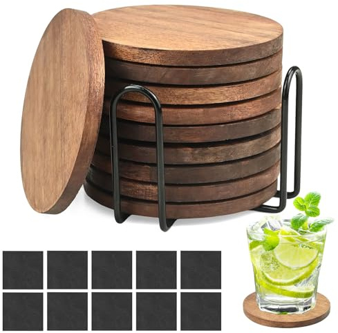 10Pcs Wooden Coasters with Holder - Wood Coaster Set of 10 Acacia Wood Decoration Drink Mug Pad Kit for Mug Glass Wine Glass/Kitchen Dining Bar Home Coffee Restaunrant (10x10x0.7cm)