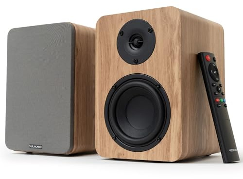 VULKKANO A4 Arc MKII Enceintes Actives de Bibliothèque avec Woofer 4, Bluetooth 5.0, HDMI Arc, Optique, RCA, USB, Sortie Subwoofer, Moniteurs de Studio au Design Élégant, Marron.