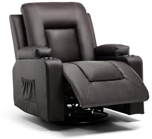 COMHOMA Relaxsessel Fernsehsessel mit verstellbarer Rückenlehne und Fußstütze, 360° drehbarer Loungesessel aus PU-Leder mit Getränkehaltern und Seitentaschen,ergonomische Ganzkörperunterstützung,Braun