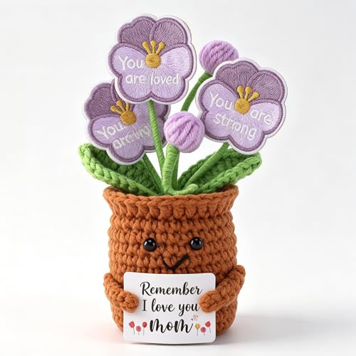 YZMICSTAR Maceta de ganchillo con pétalos bordados, bonito regalo para el día de la madre, cumpleaños, regalo para el día de la madre, regalo de planta en maceta de pensamiento hecho a mano para