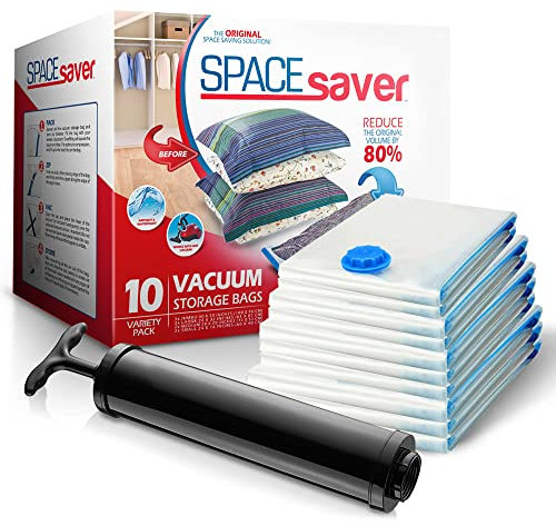 Spacesaver SpaceSaver Vacuum Storage Bags - 10-Pack (Small: 16x24, Medium: 20x28, Large: 24x32, Jumbo: 30x40) - Airtight, Puncture-Resistant, Reusable - Includes Hand Pump