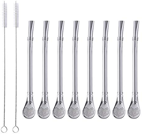 3in1 Metal Straw Spoons for Drinks, Baikai 18/8 Stainless Steel Reusable Tea Filter Stirring Drinking Straws,Set of 10, 6.2 inch (8 Straws+ 2 brushes) (Silver)