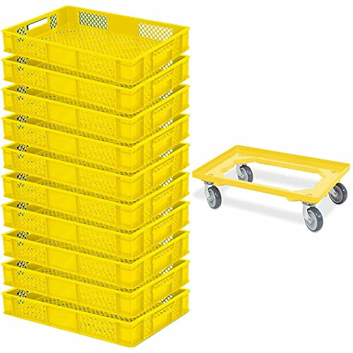BRB 10 Eurobehälter, LxBxH 600x400x90 mm, Industriequalität, lebensmittelecht + 1 Transportroller (gelb/gelb)