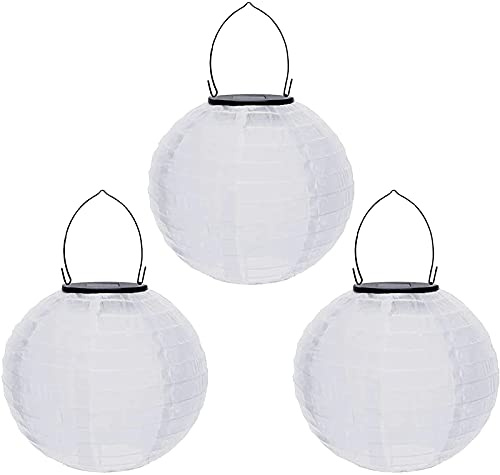 Yeehliny Solar Lampions Außen Wetterfest Solar LED Laterne Wasserdicht Nylon Garten Laterne Solarlaterne für außen Hängend Solarlampiongs Runder Lampenschirm Garten Deko Außendeko (20cm/3PCS/Weiß)