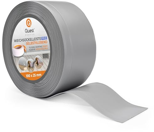 Quest Mjuk Golvlist, Mjuk Sockellist utan tejp – 100 mm x 25 mm – avslutningslist, bred böjbar list – för väggar, golv – PVC, flexibel, vattentät, dekorativ. (Grå, 15m)