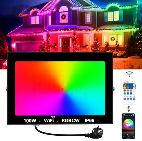 Faretto LED RGB Smart da Esterno 100W, T-SUNUS Proiettore LED RGBCW Smart Bluetooth Controllo APP Colori Dimmerabile Sincronizzato con Musica IP66 Impermeabile per Giardino