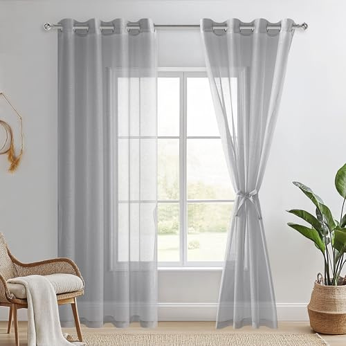 DWCN Sheer Voile Vorhang Transparente Gardine mit Ösen 2 Stücke Ösenschal | Grau, 210x132cm(HxB), Leicht Gardinen Transparente mit Vorhang-Krawatten Schienensystem Vorhänge für Wohnzimmer