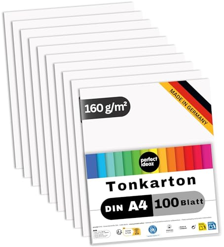 perfect ideaz - Tonkarton DIN A4-100 Blatt Weiß - 160 g/m² - voll durchgefärbt - kein Ausbluten - Blauer Engel zertifiziert, Made in Germany - aus Recyclingpapier