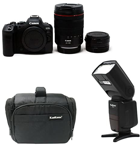 KamKorda Camera Bag + Flash + R6 Mark II Mirrorless Digital Camera Body + RF 24-105 f/4L Lens + R Mount Adapter, 24.2MP Full-Frame CMOS Sensor, 4K60 10-Bit Internal Video + 2 Year Warranty