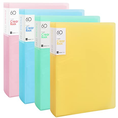4 Stück Sichtbuch A4 mit 60 Taschen, transparentem Präsentationsbuch aus PP, Ordner mit transparenten Umschlägen, Projektordner für Zuhause, Schule und Büro (mehrfarbig B)