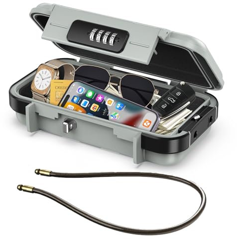 LOFICOPER Tragbare Safe Box, 4-stellige Zahlenkombination Sicherheitskoffer, wasserdichte Reiseschlossbox, Kleiner Strandsafe mit Abnehmbarer Kette, für Sport, Reisen, Zuhause, Büro, Grau