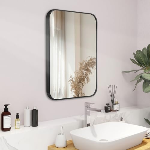 Umzodo Wandspiegel, abgerundet, rechteckig, mit mattschwarzem Metallrahmen, für Badezimmer, Eingangsbereich, Waschtisch, Wohnzimmer, Schlafzimmer, vertikal oder horizontal, 61 x 91,4 cm