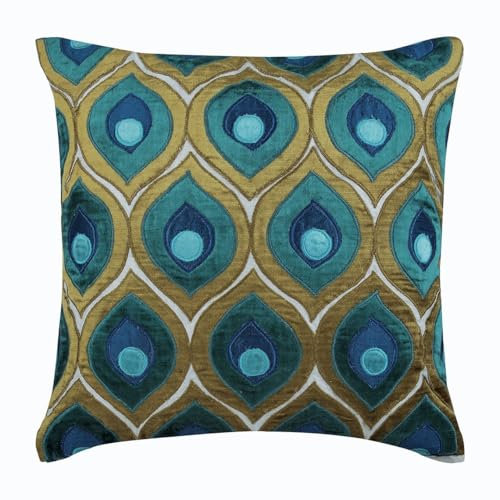 The HomeCentric Green & Blue Cushion Covers Pack of 2, 55x55 cm (22x22 inch), Victorian Velvet Cushion Covers, Decorative Square Throw Pillow Cover for Living Room, Bedroom, Sofa - Art Deco Peacock