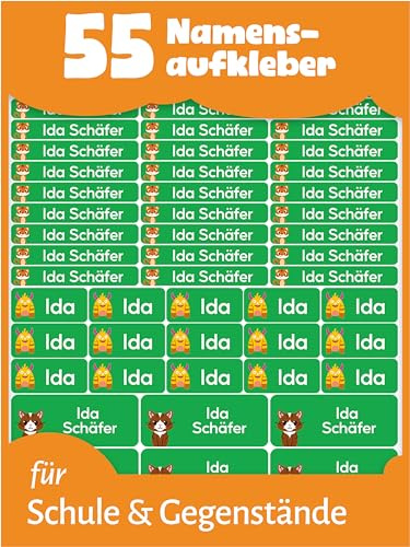 LabelTiger Personalisierte Namensaufkleber im Set - Schule (55 STK, Grün) | Selbstklebend & Wasserfest, Aufkleber für Stifte und Schulsachen, Personalisierte Namensetiketten