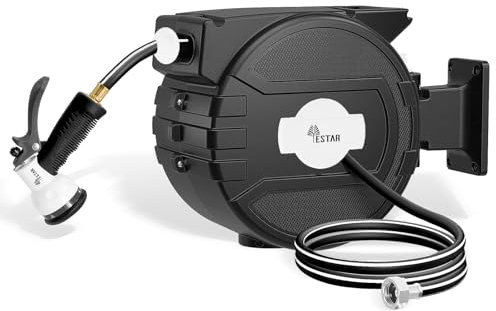 Retractable Garden Hose Reel 1/2 in x82 ft, Garden Water Hose Reel with 7- Function Sprayer Nozzle, Any Length Lock/Automatic Slow Return System,180° Swivel Bracket