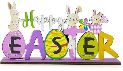 WchoeSS Wooden Easter Table Decorations, Easter Wooden Table Sign Happy Easter Bunny Stand Tabletop Ornaments for Easter Party Decoration Indoor Home Decor