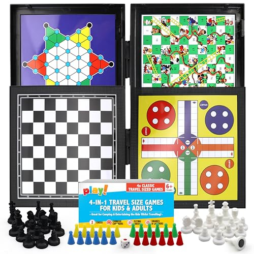 SOL 4 in 1 Travel Games Set - Snakes and Ladders, Chess, Ludo, Draughts