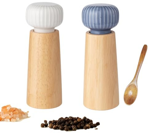 GCFTIFF salz und pfeffermühle Set aus holz und Keramik mit Löffel,Keramikdeckel Gewürzmühle,einstellbarer Grobmahlung(6,9 Zoll,2 Stück Indigoblau + Weiß)