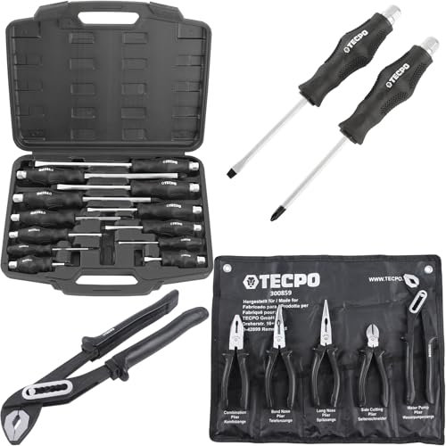 TECPO Zangensatz Wasserpumpenzange Seitenschneider Telefonzange Zangenset 5-tlg. + Schraubendreherset Schraubenzieher Schraubendreher Satz 12-tlg.