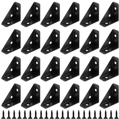 CHUENKUK 24 Stück Winkel Eckwinkel Schwarz, 38 x 20 x 38mm Eckverbinder Möbelbau Metall 90 Grad, Stahlstreben, Winkelverbinder mit 48 Schrauben, Befestigungs Verbindungsstütze für Schreibtischbettkant