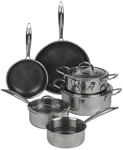 HEXTEC Laser Etched Honeycomb Non Stick Stainless Steel Cookware Pots, Pans & Frying Pan Sets, Induction Ready, Oven & Dishwasher Safe with Stay Cool Handles, PFOA Free Set of 5/6/7/8 Pcs