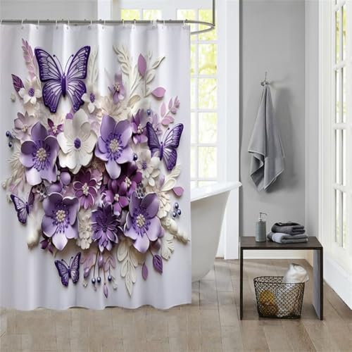 Duschvorhang Purple 150x180cm Beschwerter Saum Wasserdicht Duschvorhänge Waschbar Stoff Shower Curtains Mit Ösen Duschvorhangringe Faltbarer Bad Curtain Badewanne Badezimmer Vorhang Gardinen 1130