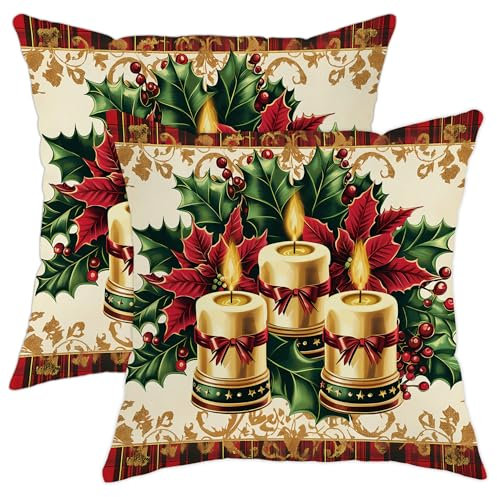 Weihnachts-Kissenbezüge mit Stechpalmen- und Kerzenmotiv, grüne Blätter, festliche Winterdekoration, weicher Samt-Kissenbezug für Zuhause, Sofa, Schlafzimmer, Wohnzimmer, 40,6 x 40,6 cm