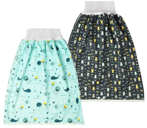 Aolso babyträningsbyxor, paket med 2 högmidjade babypottbyxor, babyblöjbyxor för barn, 100% bomull, tvättbara och återanvändbara (Underwater World/Bear-L)