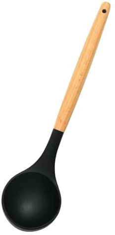 MKEMQXBEP Soup Spoons 1Pcs Round Silicone Wooden Handle Soup Spoon Korean Ramen Noodles Bouillon Cooking Long Ladle Japanese Kitchen Tablespoons Tableware(Round Black)