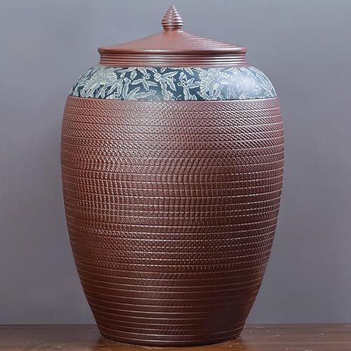 EKDJSN Ceramic Rice Container, Ceramic Rice Dispenser, Sealed Ceramic Rice Bucket with Lid, Large Food Storage Jar, Kitchen Food Storage Container, for Grains Candy Rice Flour(Brown A,50kg)