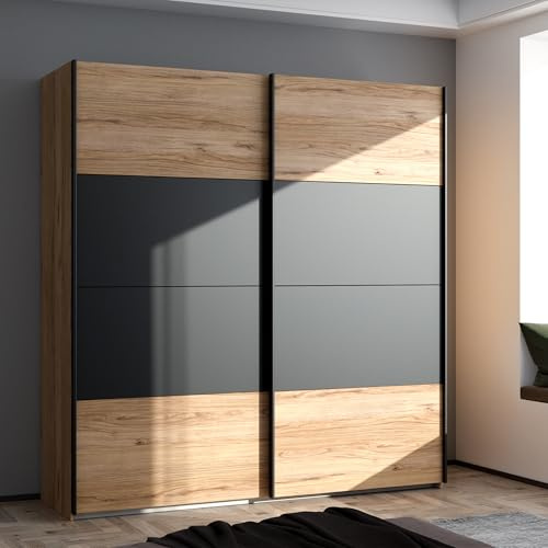 Forte DALATE Kleiderschrank 200, Klassischer Schwebetürenschrank mit Kontrastfronten, 2-türig, Holzwerkstoff, Catania Eiche/Schwarz, 200,1 cm breit, 210,5 cm hoch, 62,9 cm tief