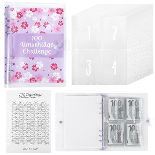 100 Envelope Saving Challenge Deutsc, A5 Budget Planner Deutsch, Challengers Sparbuch für Geld mit Sparchallenges und 25 Innenseiten, 5,050 € in 100 Tagen Sparen für Schule, Zuhause(Lila)