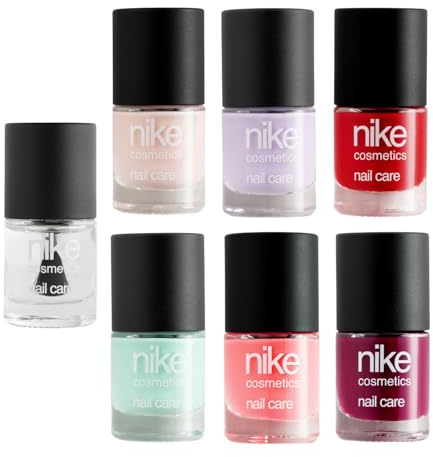 NIKECOSMETICS - Pack Nail Care Lacas de Uñas 6 x 8 ml + Top Coat 8 ml, 6 Colores, Transpirable, Efecto Brillante y de Larga Duración, Fácil de Aplicar, Secado Rápido, Fórmula Vegana