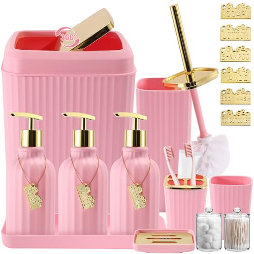 WSBArt 17-teiliges Badezimmer-Zubehör-Set, rosa Badezimmerzubehör, WC-Bürste, Mülleimer, Qtip-Halter und 3-teiliger Seifenspender
