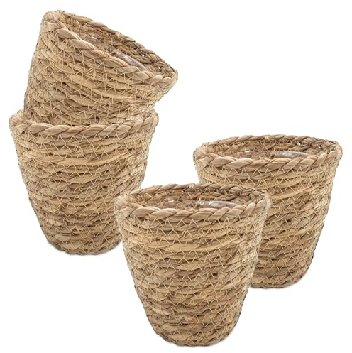 Spetebo Seegras Pflanztopf Natur mit Folie 14 x 12 cm - 4er Set - Naturfaser Blumentopf zum direkten Bepflanzen - Garten Deko Weide Pflanzkorb Blumenkorb Pflanzenschale Landhaus rustikal