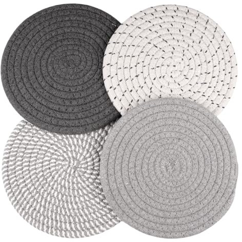 Orixo 4 Stück Topfuntersetzer Hitzebeständig Rund, Baumwolle Untersetzer Topf Untersetzer-Set Hitzebeständig, Grau für Töpfe Wasseraufnahme, Pfannen Und Teller