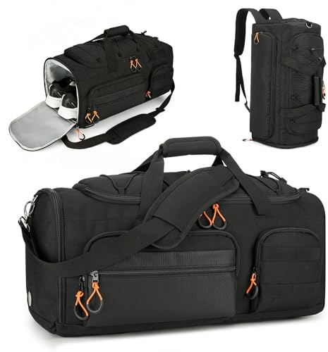 Searock 45L Gym Bag for Men, 3-In-1 Duffle Bag Backpack for Travel, Sports Duffel Bags for Gym Workout, Weekender Overnight Bag with Shoe Compartment, Wet Pocket, Black