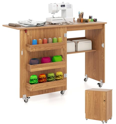 COSTWAY 2 in 1 Nähtisch klappbar, Nähmaschinenschrank aus Holz mit Regalen & Ablagefach, Nähschrank mit abschließbaren Rädern, Nähmaschinentisch Basteltisch für Wohnzimmer, Schlafzimmer (Natur)
